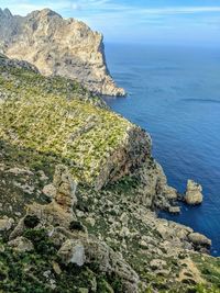 High angle view of rocks on sea shore