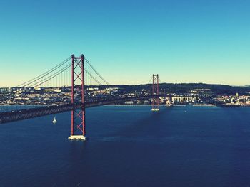 Suspension bridge over sea against sky