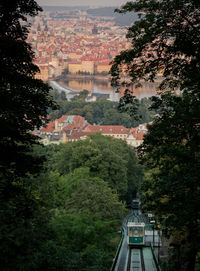 Prague and the funicular from the petrin hill view of the city old town red tile roofs