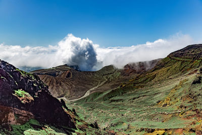 Panoramic view of volcanic landscape against sky