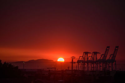 Silhouette of crane at sunset