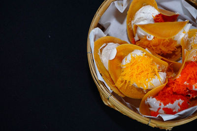 High angle view of fruits in bowl on table