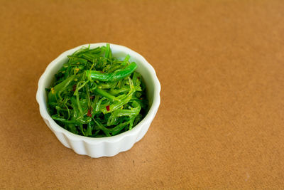 High angle view of salad in bowl on table