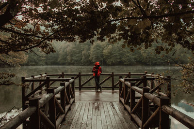 Man standing on footbridge against trees