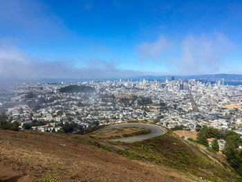 High angle view of buildings against sky