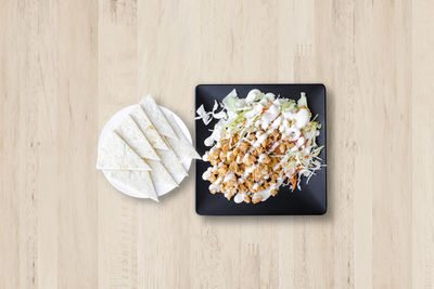 High angle view of food in plate on table