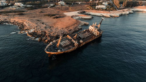 High angle view of ship on sea