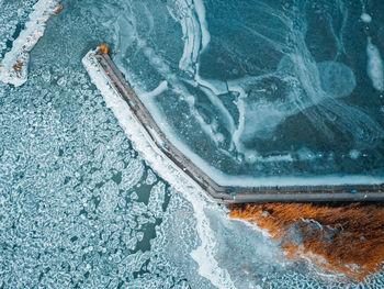 High angle view of frozen swimming pool