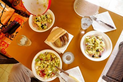 High angle view of food served on table