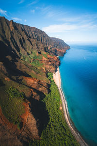 Scenic view of sea and mountains against sky