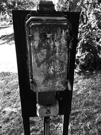 Close-up of rusty fuse box outdoors