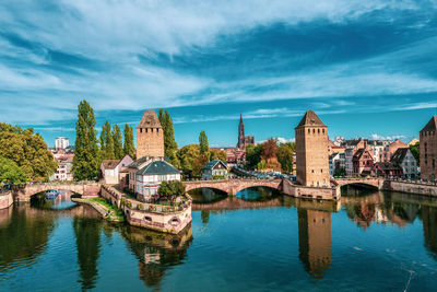 The three bridges of the ponts couverts in strasbourg, france.