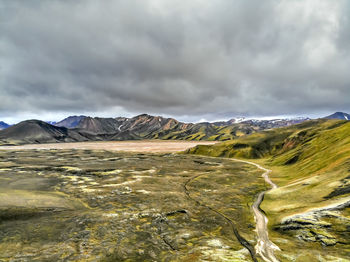 Scenic view of mountains against cloudy sky