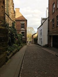 Street amidst houses in town against sky