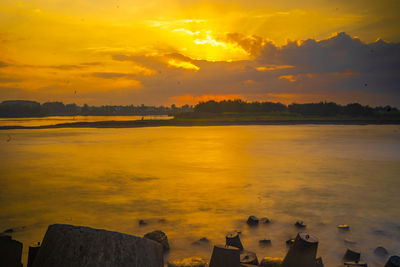 Tetrapods or breakwaters on the glagah beach, kulonprogo, indonesia during sunrise.