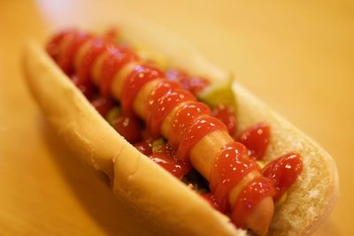 Close-up of hot dog in plate