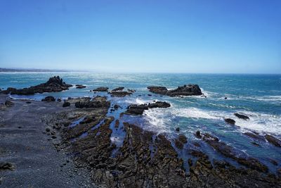 Scenic view of sea against clear blue sky