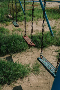 High angle view of metallic fence