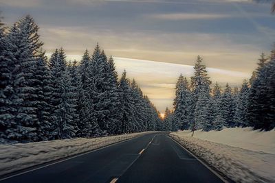Snow covered road amidst trees against sky during winter