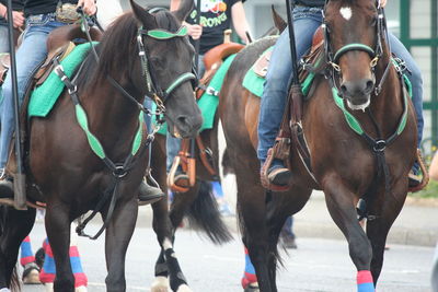 Low section of people riding horses at street on fourth of july independence day parade