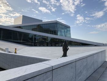 People on modern building against sky in city