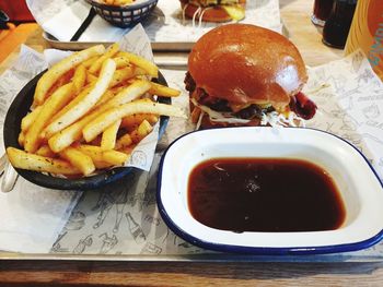 High angle view of food served on table