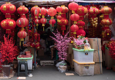 Multi colored lanterns hanging in shop