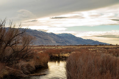 River in autumn valley view with distant mountains