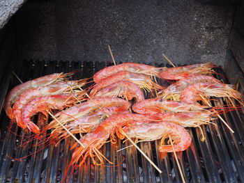 High angle view of crab on barbecue grill