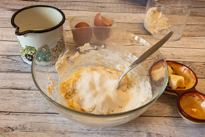 High angle view of ice cream in bowl on table