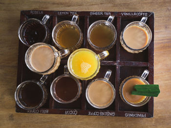 High angle view of glasses on table