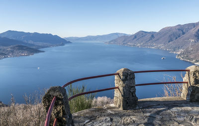 Scenic view of sea by mountains against clear blue sky