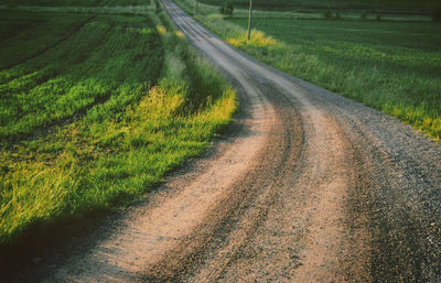 Dirt road passing through field