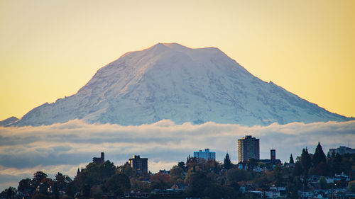 View of city against sky during sunset