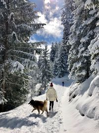 Rear view of woman and dog on snow covered land in forest