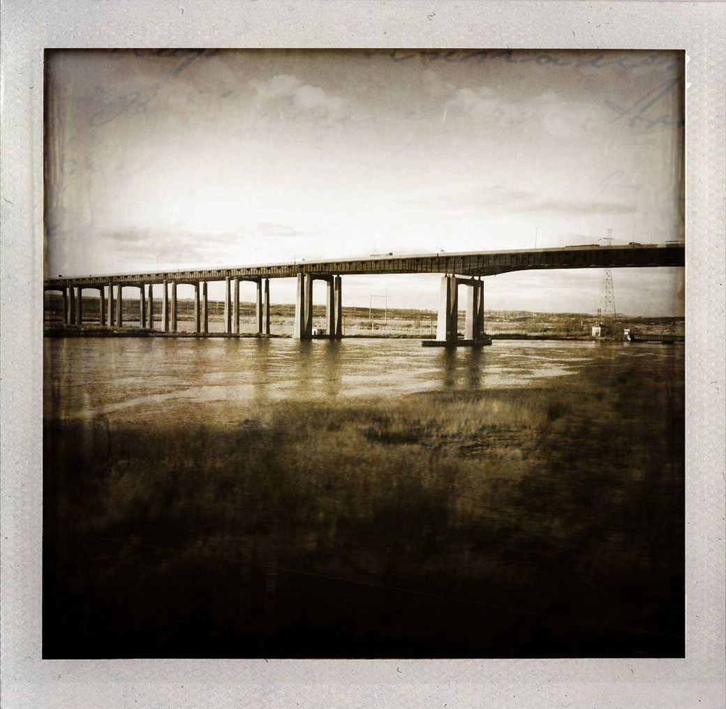 connection, bridge - man made structure, transfer print, built structure, water, architecture, river, sky, auto post production filter, bridge, tranquility, tranquil scene, nature, engineering, no people, dusk, outdoors, railing, scenics, waterfront