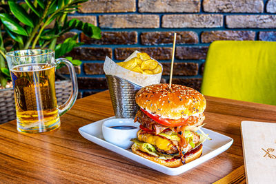 High angle view of food served on table