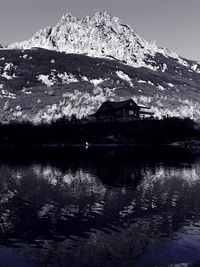 Scenic view of lake and snowcapped mountains against sky