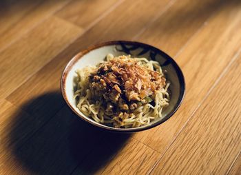 High angle view of breakfast served on table