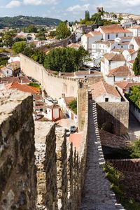 High angle view of houses in town