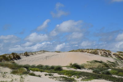 Scenic view of sand dunes against sky