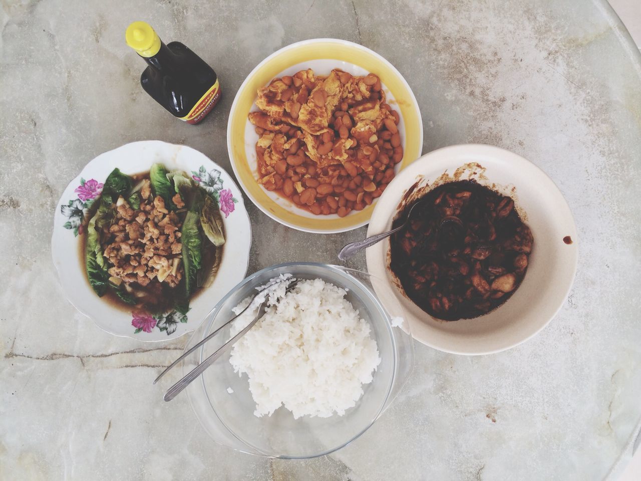 food and drink, food, freshness, high angle view, healthy eating, bowl, indoors, directly above, still life, ready-to-eat, table, plate, overhead view, vegetable, serving size, spoon, meal, variation, no people, ingredient