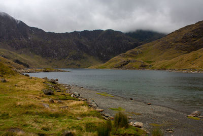 Scenic view of lake and mountains against sky