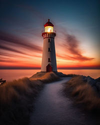 Lighthouse by sea against sky during sunset