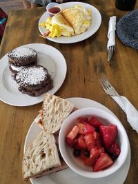 High angle view of breakfast served on table