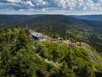 High angle view of trees on landscape against sky