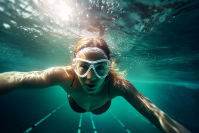 Portrait of shirtless man swimming in sea