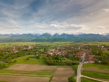 Aerial view of houses and architecture in traditional rural romanian village