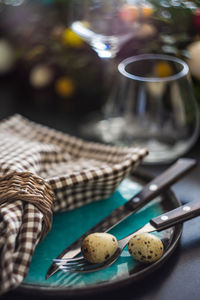 Close-up of chocolate cake in basket on table