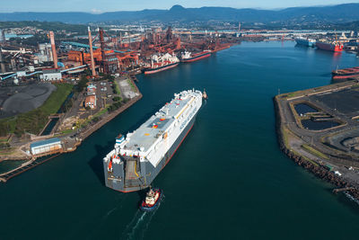 High angle view of ship in bay